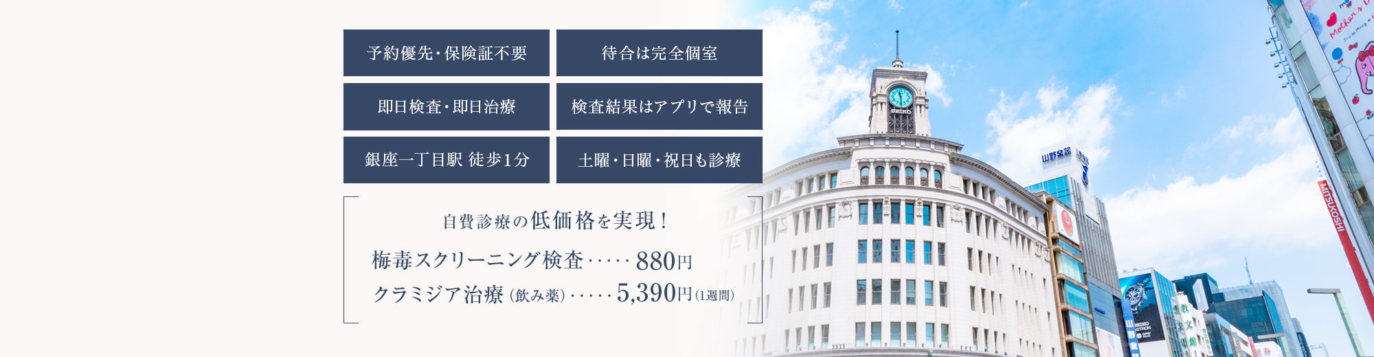 予約優先・保険証不要 待合は完全個室 即日検査・即日治療 検査結果はアプリで報告 銀座一丁目駅 徒歩1分 土曜・日曜・祝日も診療 自費診療の低価格を実現！ 梅毒スクリーニング検査・・・・・880円 クラミジア治療（飲み薬）・・・・・5,390円（1週間）